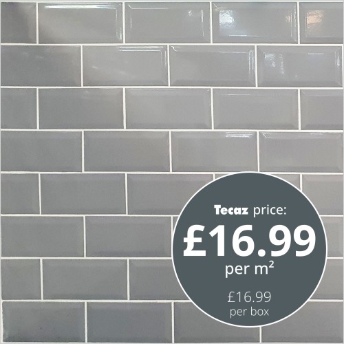 Tecaz - Metro Bevel Grey Gloss 100 x 200mm Wall Tile